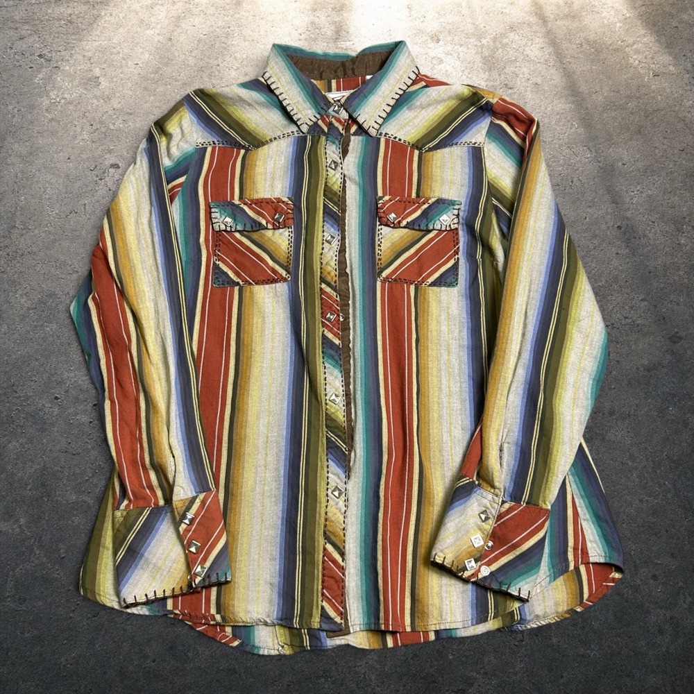 Roper Western Snap Shirt Multi Stripe Studded Whipstitch Boho‎ Size Large